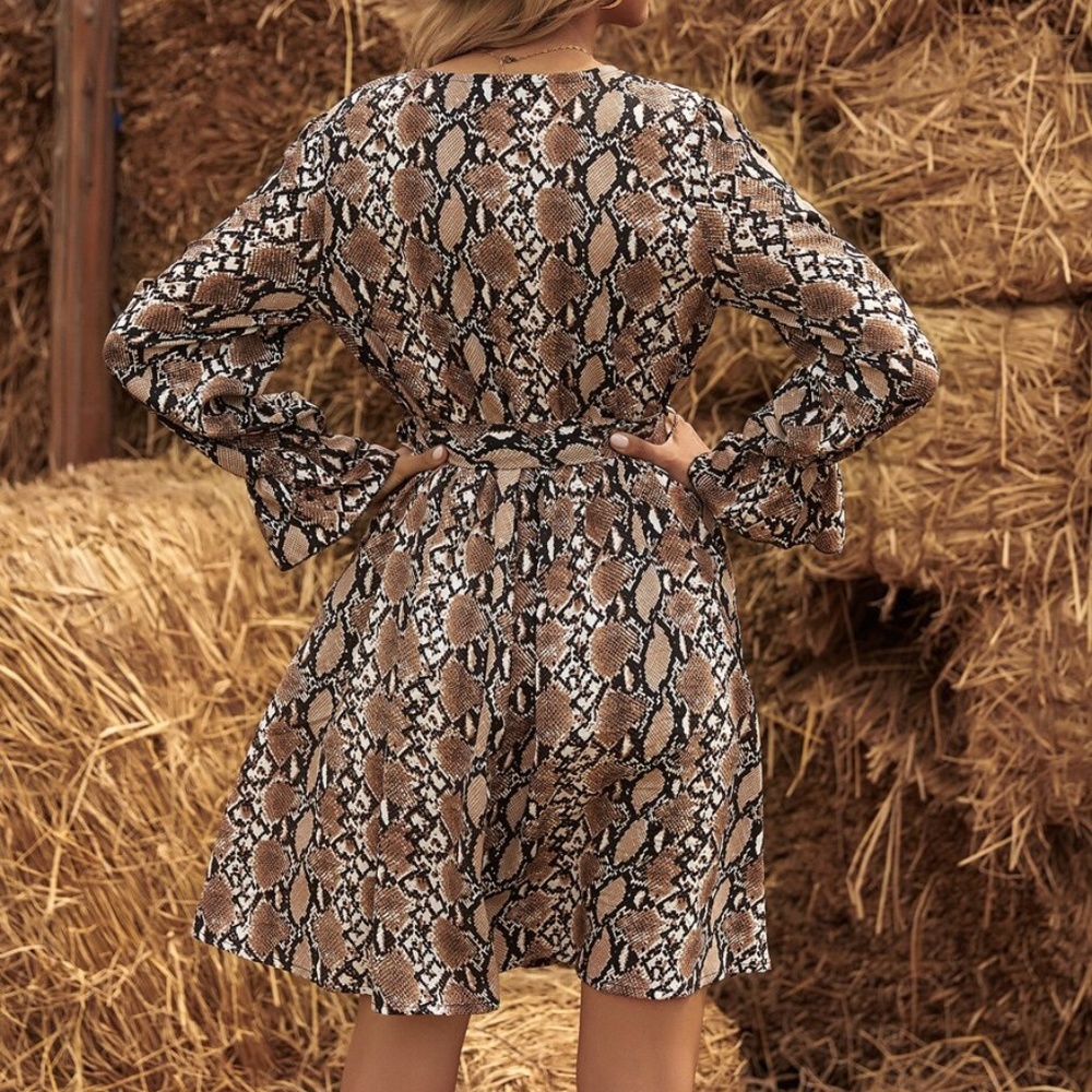 Boho Snakeskin Surplice Belted A-line Brown Dress - Picture 4 of 5